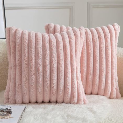 Lot de 2 Housses de Coussin en Peluche Douce 55x55cm, Housse Decorative a Rayures Moelleuses pour Canape et Chambre, Rose (Sans Rembourrage) (1/5)