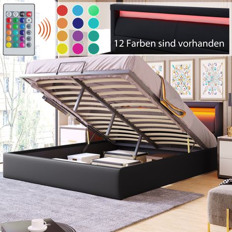 Polsterbett,140200cm LED-Bett£mit Lattenrost und Stauraum, mit beleuchtetem Kopfteil in diversen Farben£Schwarz£Kunstleder & Holz (1/5)