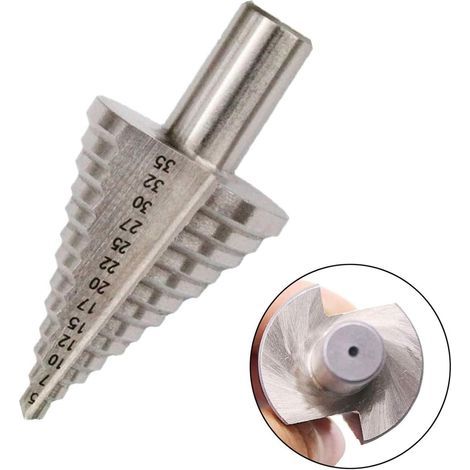 Broca cónica escalonada HSS de 5-35 mm – Recubierta de titanio para taladrar acero, madera y plástico – Longitud 72 mm – Compatible con taladros estándar - mm-35 (1/5)