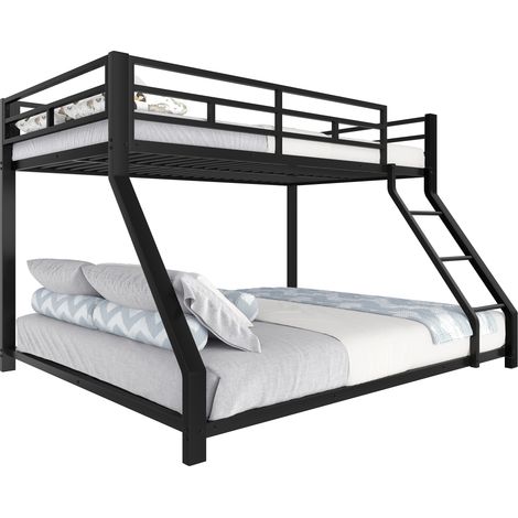 Lit superposé métal noir robuste avec escalier sécurisé, lit superposé 90x200 et 140x200 cm, certifié EN747 pour enfants, sans matelas. (1/5)