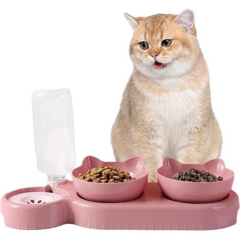 Comedero doble elevado para gatos, bebedero 3 en 1 inclinable hasta 15°, comedero antivómito para gatos, comedero y bebedero elevado para gatos, dispensador de agua elevado para gatos