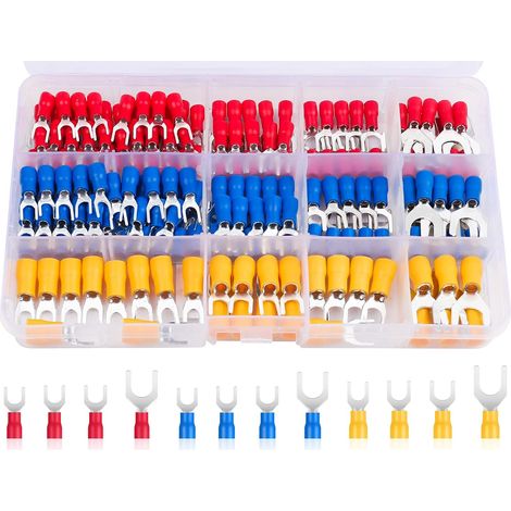 Lot de 180 cosses à fourche 0,5-6,0 mm² - Lot de cosses à fourche M4/M5/M6/M8 - Partiellement isolées - 12 tailles - Cosses de câble en cuivre étamé pour pièces automobiles, mécaniciens, (1/5)