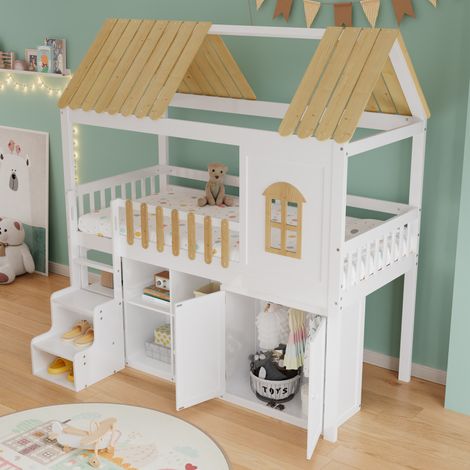 Lit superposé en bois massif de pin, avec armoire, fenêtre, rangement chaussures, échelle sécurisée, design épuré, garde-corps solide, blanc et naturel, 90x200 cm, grande capacité de stockage (1/5)
