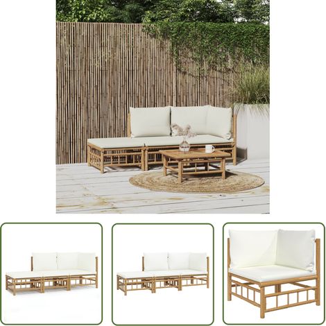 The Living Store Salon de jardin 3 pcs avec coussins blanc crème bambou - Salon De Jardin - Mobilier De Jardin - Ensemble De Salon - Ensemble De Meubles De Jardin - Bambou (1/5)