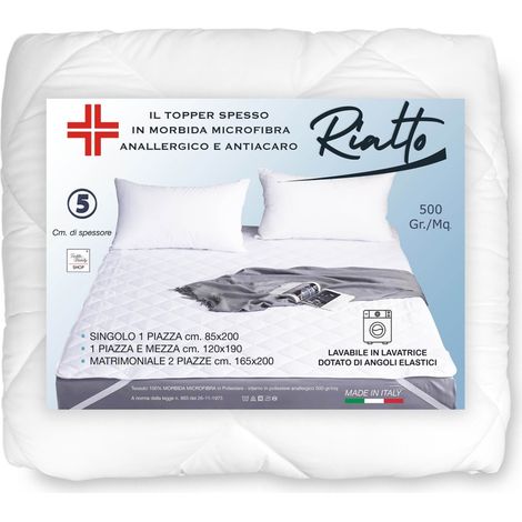 TOPPER RIALTO Per Materasso in Microfibra 500 Grammi al Metro Correttore Trapuntato spessore 5 cm. Anallergico Made in Italy Singolo 1 Piazza cm. 85x200