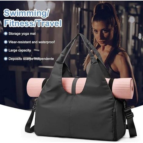Sac Yoga Noir Tapis Sport, Compartiment Chaussures Cabine, Fitness Plage Voyage Pilates (1/5)