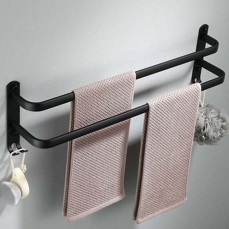 Porte-serviettes mural en aluminium - 2 étages - Avec crochets - 30 cm - Étanche - Noir - Pour salle de bain, cuisine, salle de bain (1/5)