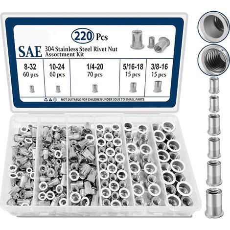 220 Stück selbstschneidende Nieten aus verzinktem Kohlenstoffstahl, flacher Kopf, vertikales Muster, kompatibel mit metrischen und imperialen Systemen, im Karton verpackt – industrielle Metallbefestig (1/5)