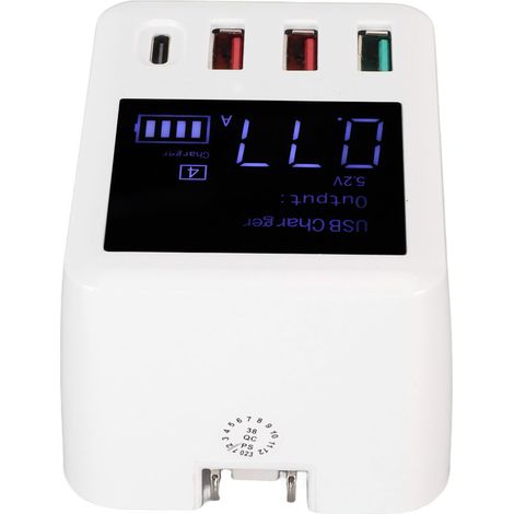 Chargeur Secteur USB 4 Ports Rapide QC3.0 PD20W avec Affichage LCD, Prise Européenne 100‑240V pour Voyage (1/5)