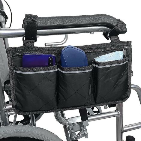 CREA Sac d'accoudoir pour fauteuil roulant - Sac pour fauteuil roulant Oxford Sac de scooter portable étanche avec 4 compartiments réfléchissant noir