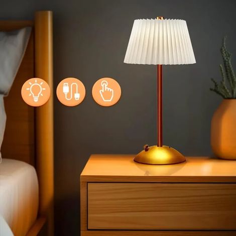 Lampe de bureau LED rechargeable portable (blanche) à commande tactile, abat-jour en tissu, éclairage d'ambiance pour le salon