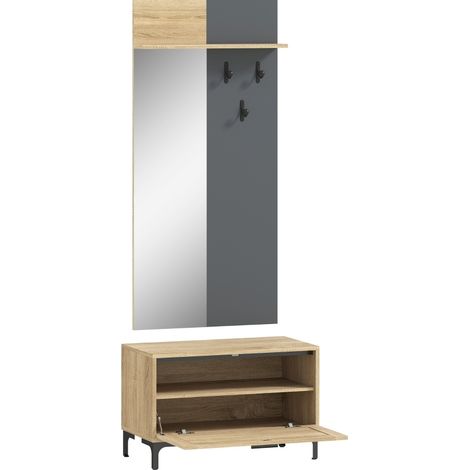 Set da ingresso con specchio, panca scarpiera, 3 ganci e mensola in MDF legno e grigio (1/5)