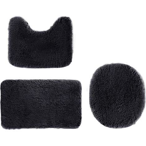 Tapis De Bain - Mousse À Mémoire De Forme Et Velours Peluche - Antidérapant - Absorbant - Lavable En Machine - Noir - Lot De 3 (1/5)