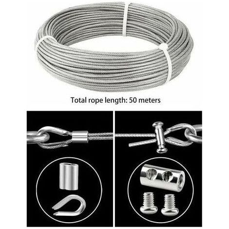 Cable Inox 3mm,50M/3mm Corde en Acier Inoxydable,Cable en Acier Revêtu avec Serre-Câbles,M3 Manchons,Cosses en Acier Inoxydable,3mm Cable Métallique pour Fil a linge,Cable de Garde Corps, (1/4)