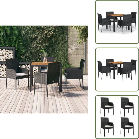 The Living Store Set da Pranzo da Giardino 5 pz Nero con Cuscini in Polyrattan - Sedi da giardino