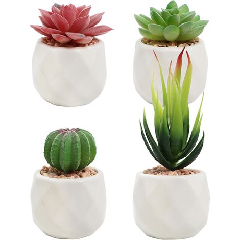 Lot de 4 pots en céramique, design géométrique, plantes succulentes réalistes, décoration intérieure (1/5)