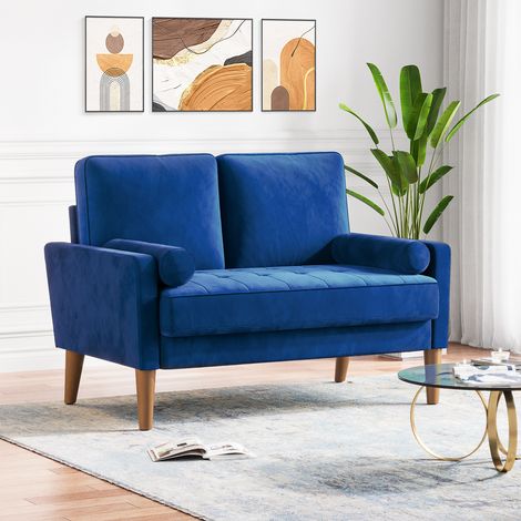 Divano scandinavo a 2 posti, mini divano con braccioli arrotolati in velluto, poltrona da soggiorno con braccioli, 121x77x87 cm - Blu