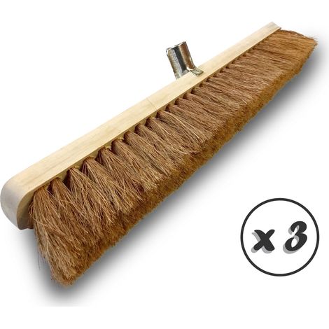 Balai d'atelier type cantonnier Lot de 3 Piste Extérieur Fibres de coco naturel Longueur 60 cm Semelle bois Douille métal boulonnée Ø 28 mm Sans manche Kibros 912Lx3