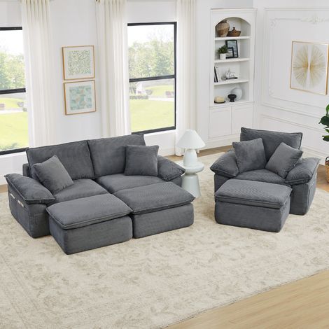 Canapé modulaire 2 places + Fauteuil, Canapé droit en tissu avec repose-pieds, rangement latéral,style moderne,gris (1/5)