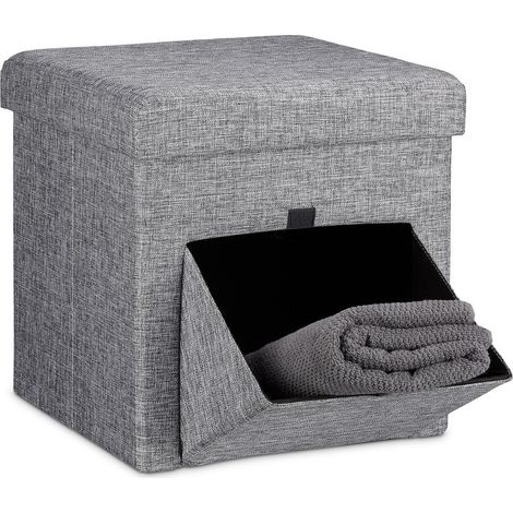 Puf Relaxdays plegable, cubo de asiento y caja con tapa extraíble y solapa, 38 x 38 x 38 cm, gris