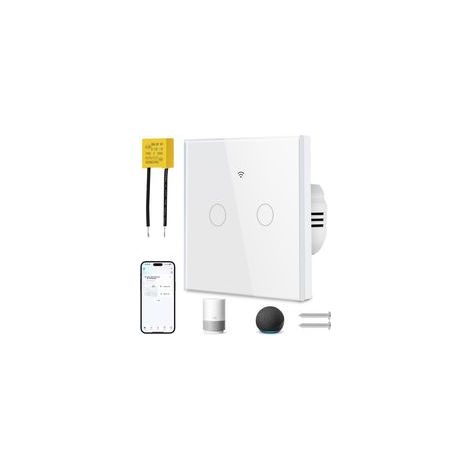 Interrupteur Tactile Intelligent WiFi 2 Gangs, Compatible Tuya, Alexa et Google Home, Contrôle à Distance via Appareil Mobile