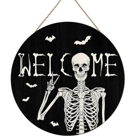 Panneau d'Halloween squelette en bois, décoration ronde suspendue pour porte, panneau de bienvenue effrayant, décoration murale pour intérieur ou extérieur 20 x 20 cm Noir (1/5)
