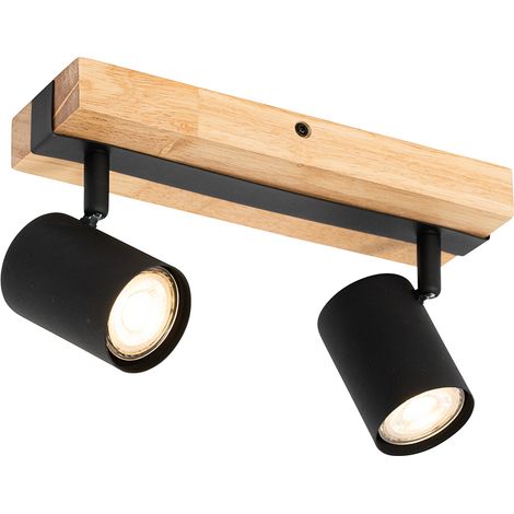 QAZQA Moderno Foco de techo inteligente negro con madera 2-luces ajustable con Wifi GU10 50mm - Jeana /Acero Rectangular Adecuado para LED Max. 2 x 4.7 Watt