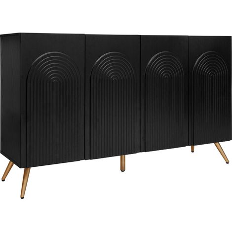 Buffet au style mid-century, meuble de couloir noir avec rainures 3D et portes cintrées, panneau de particules, étagères réglables, pieds en métal doré (1/5)