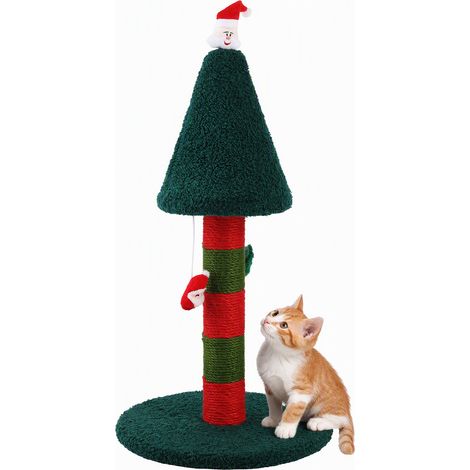 Arbre à Chat Noël Chaton – Cône Sapin avec 2 Jouets Suspendus, Griffoir Sisal, Base Ronde – Décor Fêtes pour Petit Chat (1/5)