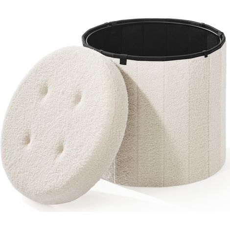 Collection - Tabouret de Rangement Rond, Repose-pieds avec Couvercle Amovible, Pliable, Montage Facile, en Tissu Peluche Teddy, pour Chambre, Salon, Entrée, Blanc Crème (1/5)