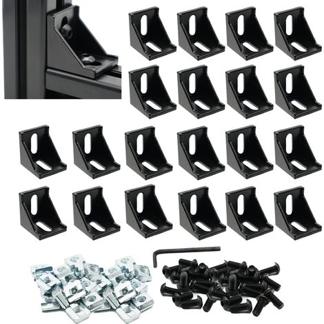Lot de 20 équerres d'angle 28 x 35 mm pour profilé d'aluminium extrudé 4040, 2 trous, supports intérieurs, raccord avec 40 vis M6 + 40 écrous en T M6 noirs (1/4)