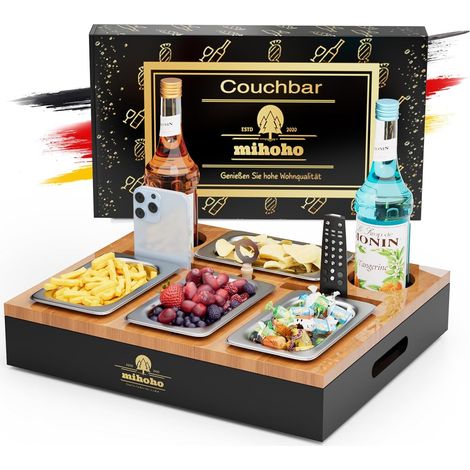 Bar basse en bois, organisateur de canapé sur table d'appoint, plateau de rangement avec bols à collation et emplacements multiples (noir) (1/5)