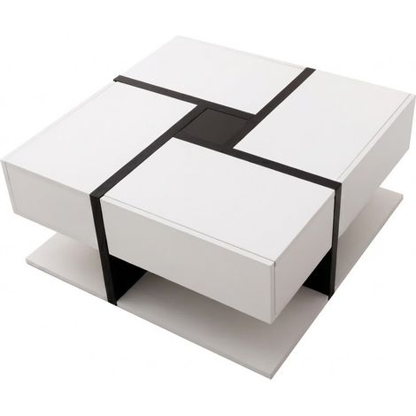 ELVMI Tavolino da salotto quadrato con 4 Cassetti e Ripiano inferiore, Finitura Lucida, per Soggiorno, in Truciolare, 78 × 78 × 36 cm, Bianco (1/4)