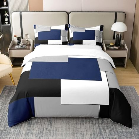 Housse de Couette 240x260cm Garçons Bleu Gris Géométrique Rectangle Literie Set Doux et Respirant Parure de Lit Art Abstrait Ensemble de lit Chambre à Coucher (1/5)