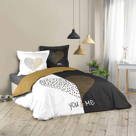 Housse de couette 220x240 cm – 2 taies 100% coton – Imprimé cœur 'you and me' – Lavable en machine – Fermeture à boutons pression – Cdaffaires (1/3)