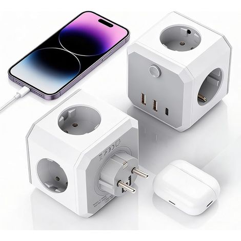 7 en 1 Multiprise Murale Cube avec Interrupteur Con USB-C, 4 Prises AC+3 Porte USB(2 USB-A 1 USB-C), Sécurité Enfant,Prise Multiple USB pour Maison Bureau Voyage, Blanc (1/5)
