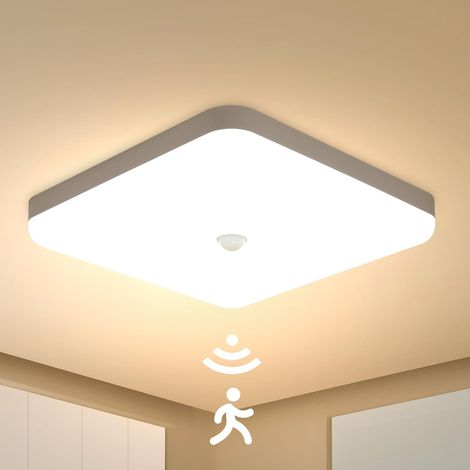Plafonnier Led Detecteur de Mouvement Interieur, 30W Lampe Plafond Carre 25 cm, Blanc Chaud 3000K, IP56 Étanchéité, Luminaire Capteur Mouvement pour Couloir Garage Debarras