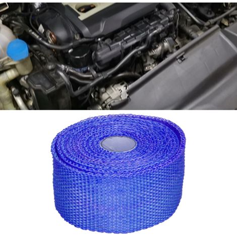 Bande de fibre de verre de 5 m transformée en bande isolante thermique de type banane, bande isolante thermique pour tuyau d'échappement, 6 colliers de serrage en acier, bleu (1/5)