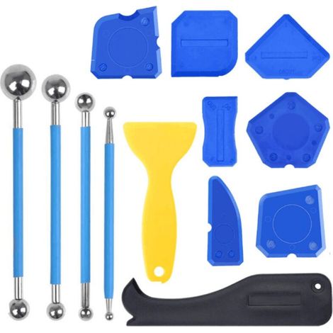 Set of 13 grout scrapers, 4 metal ball extractors, 7 silicone grout smoothing tools and 1 plastic scraper, 1 yellow bathroom tile scraper (1/5)