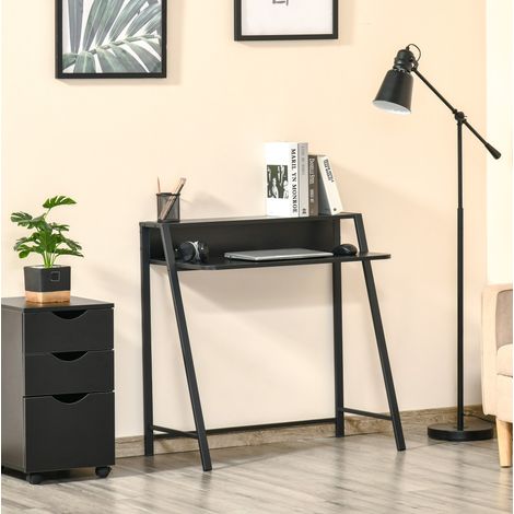 Bureau informatique 84x45x85 cm noir en MDF avec étagère et passe-câbles (1/5)
