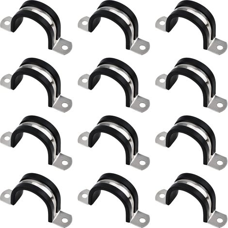 Paquete de 12 abrazaderas para mangueras en forma de U de 3,8 cm con revestimiento de goma y soportes en forma de U de acero inoxidable. (1/5)