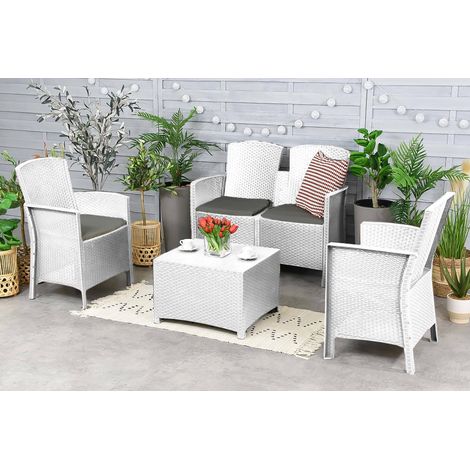 Dmora - Conjunto de salón exterior Dmorat, Conjunto de jardín con cojines, Conjunto de salón interior efecto ratán, 100% Made in Italy, Blanco (1/5)