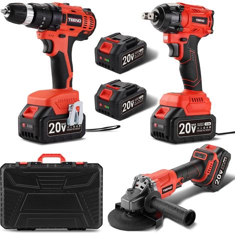 Teeno – Pack de 3 outils électroportatifs 20V – Meuleuse d'angle, perceuse sans fil, clé à chocs – 2 batteries 3Ah – Mallette de rangement incluse
