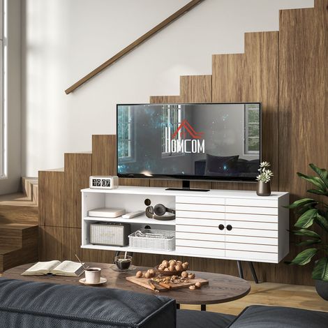 Mobile porta TV moderno per televisori da 65 pollici con 2 ripiani a giorno e 1 ripiano regolabile, 145x38x65 cm, colore bianco. (1/5)