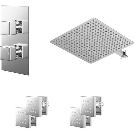 Cubix Polished Chrome Concealed Twin Thermostatic Shower Valve with Diverter and 400mm Square Head with 345mm Wall Arm and 4 Body Jets - 2 Outlet (1/5)