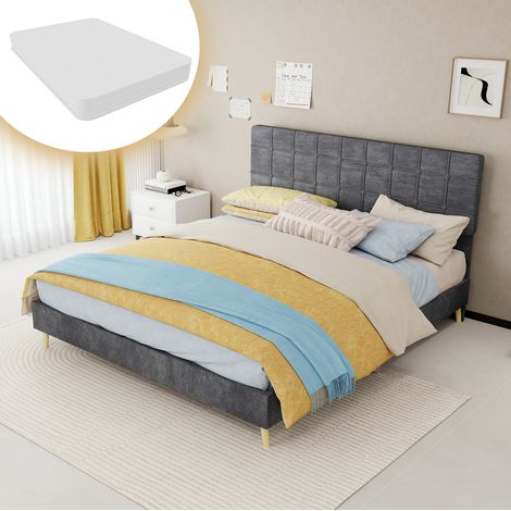 Lit double moderne en tissu gris foncé 160x200 cm avec tête de lit capitonnée à carreaux, matelas inclus (1/5)