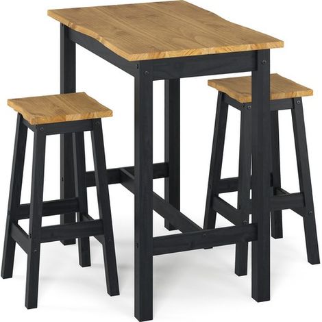 Corona Live Edge Large Rectangular High Breakfast Bar Table and Pair Bar Stool Set - Pine - Black/Antique Waxed Pine - Flat Packed