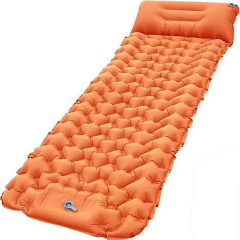 Matelas de camping auto-gonflant, matelas de camping gonflable, matelas de camping à pompe à pied avec oreiller, imperméable et ultraléger, tapis de camping pour randonnée, voyage (orange) (1/5)