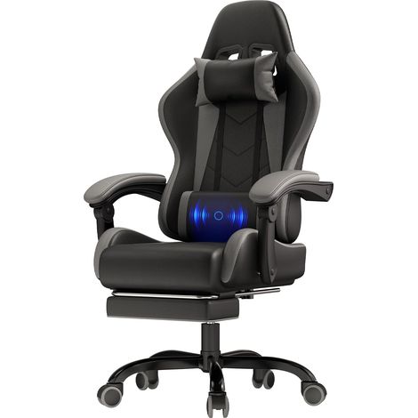 Chaise Gaming avec Fonction Massage, Fauteuil Gaming Ergonomique avec Coussin Lombaire Massant, Chaise Bureau Gaming avec Dossier Réglable de 90 à 150° et Repose-Pieds, 150 kg, Gris (1/5)