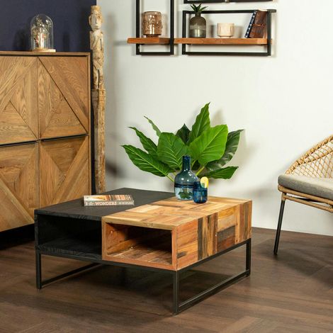 Table basse carrée bois recyclé de bateau métal DUMAI (1/5)